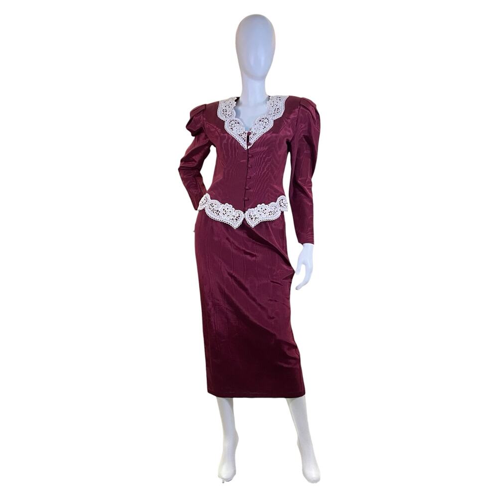 1980s Scott McClintock Burgundy Lace Skirt Suit Fishtail Evening Set